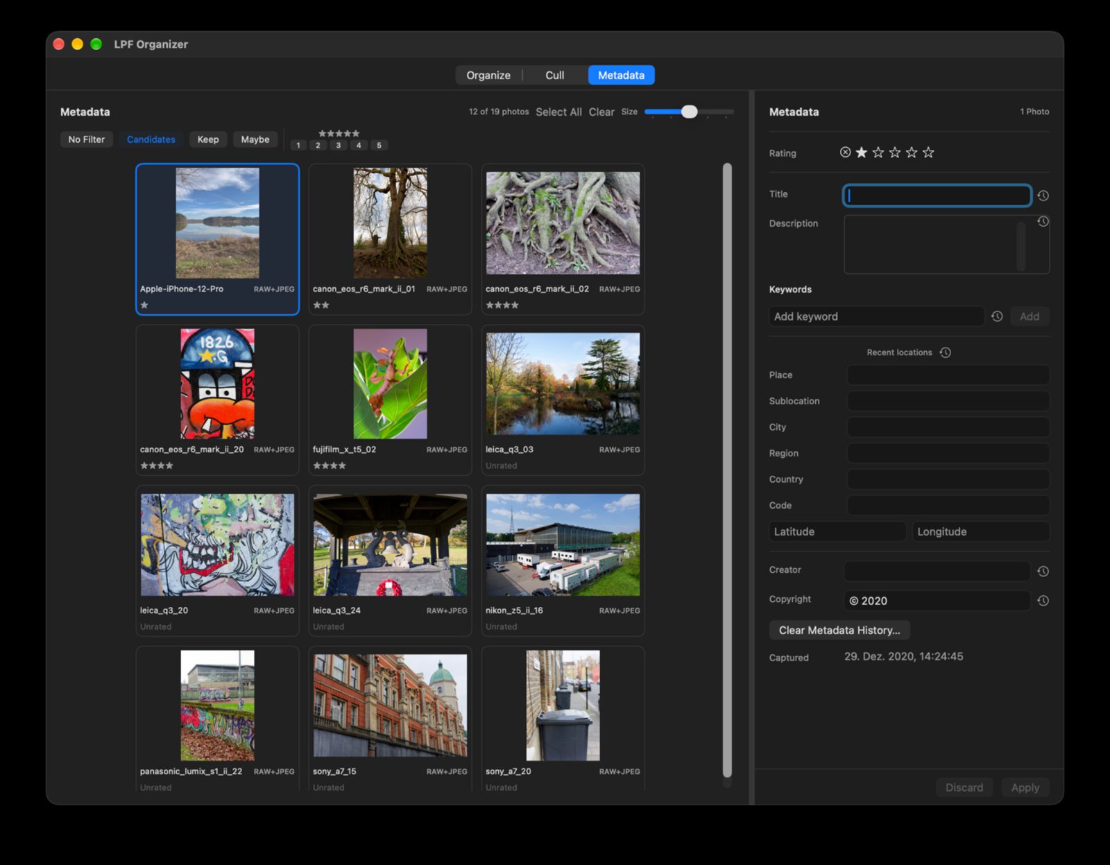 LPF Organizer Metadata workspace screenshot